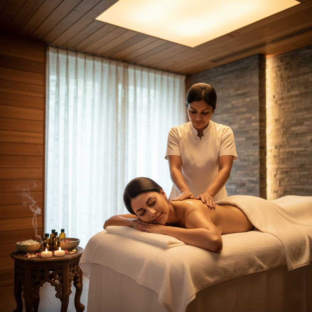 Cozy library reading corner with wooden bookshelves and plush armchairs at Ojaswi Resort.