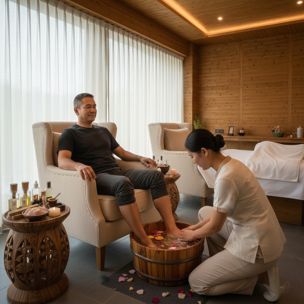 A guest relaxing at the edge of the infinity pool at Ojaswi Resort, taking in the expansive mountain landscape.