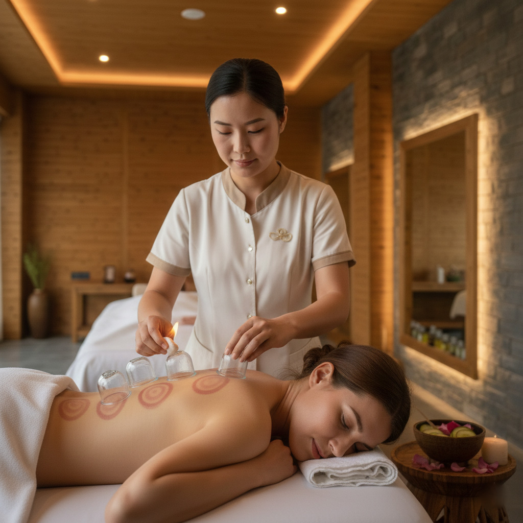 A relaxing spa experience at Ojaswi Resort, showing a woman receiving a hot stone massage against a scenic mountain backdrop.